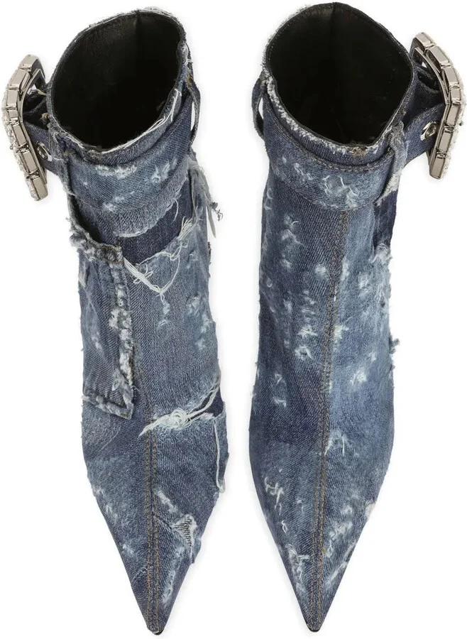 Embellished Patchwork-Denim Ankle Boots - Image 4