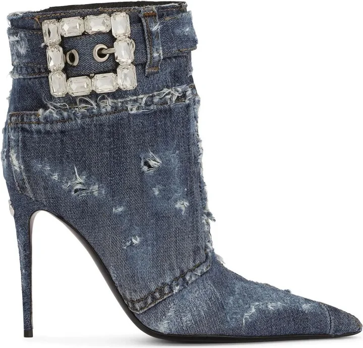 Embellished Patchwork-Denim Ankle Boots