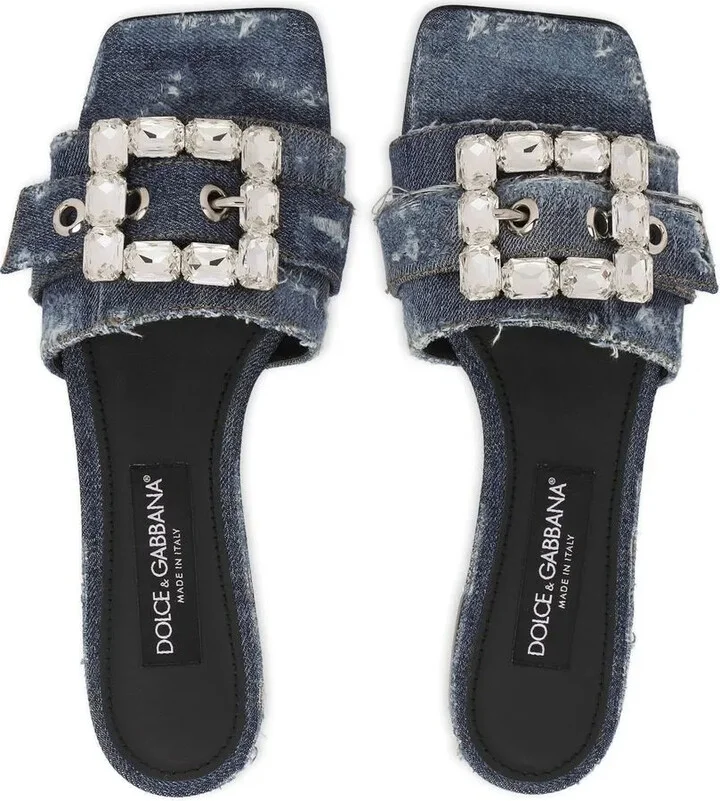 Embellished Patchwork-Denim Sandals - Image 4