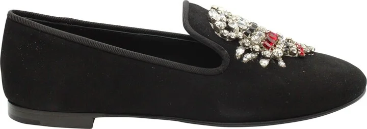 Embellished Scorpion Loafers in Black Suede