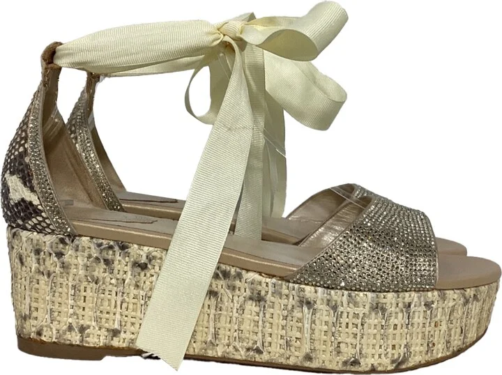 Embellished Self-Tie Espadrille Wedge Sandals in Brown Suede