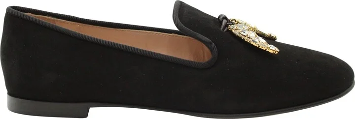 Embellished Shark Tooth Smoking Slippers in Black Suede