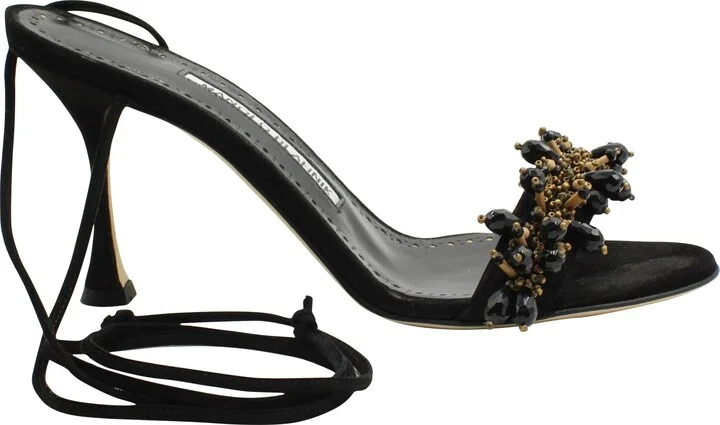 Embellished Strappy Sandals in Black Leather