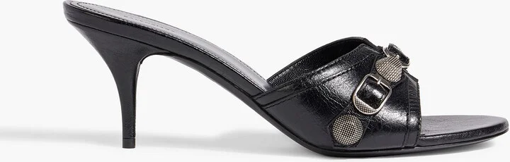 Embellished textured-leather mules