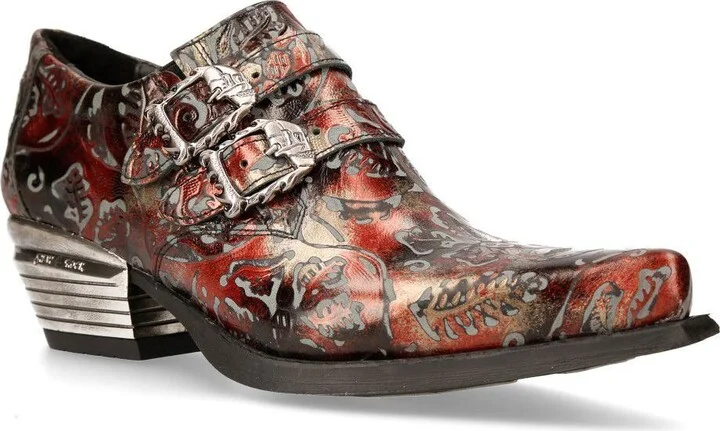 Embossed Black/Red Leather Buckled Shoes-7960-S5