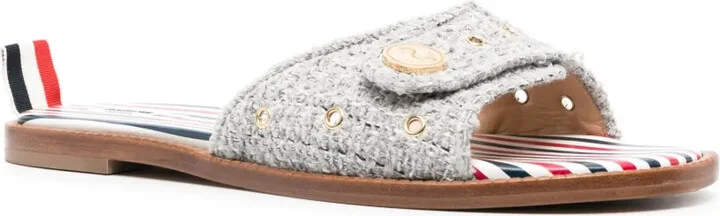 Embossed-Button Tweed Flat Sandals - Image 2