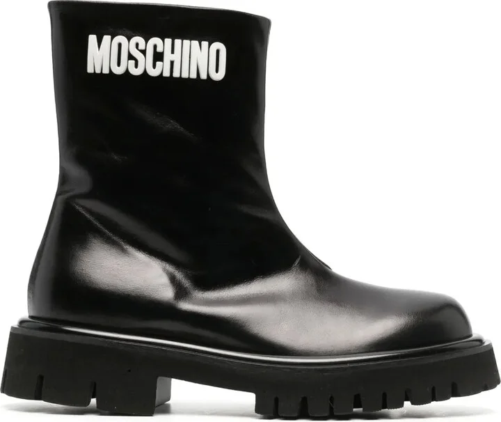 Embossed-Logo Zipped Leather Boots