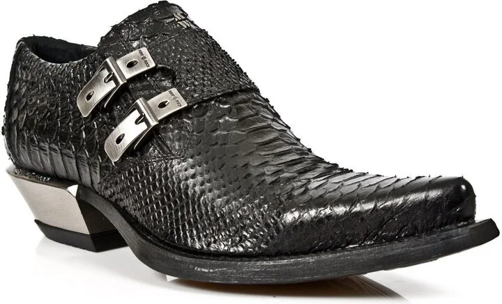 Embossed Python Black Leather Buckled Shoes-7934-S2