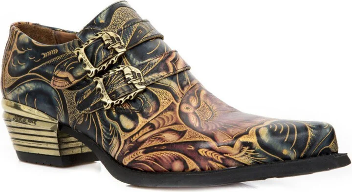 Embossed Vintage Black Leather Buckled Shoes- M-7960-S14