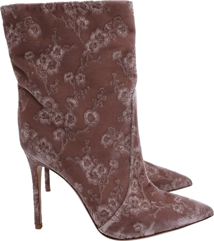 Embroidered Ankle Boots in Pink Velvet