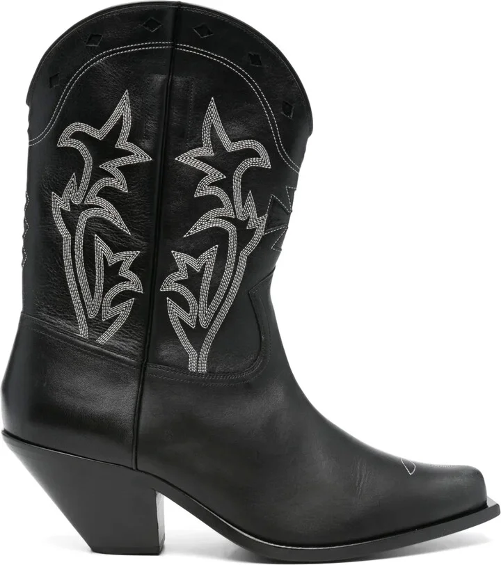 Embroidered Calf Leather Biker Boots