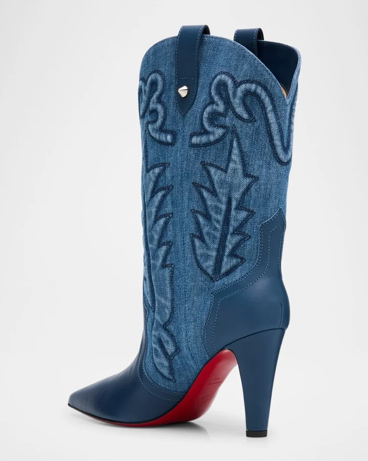 Embroidered Denim Red Sole Western Booties - Image 4