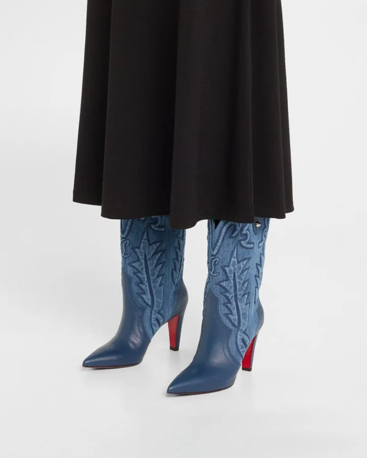 Embroidered Denim Red Sole Western Booties - Image 5