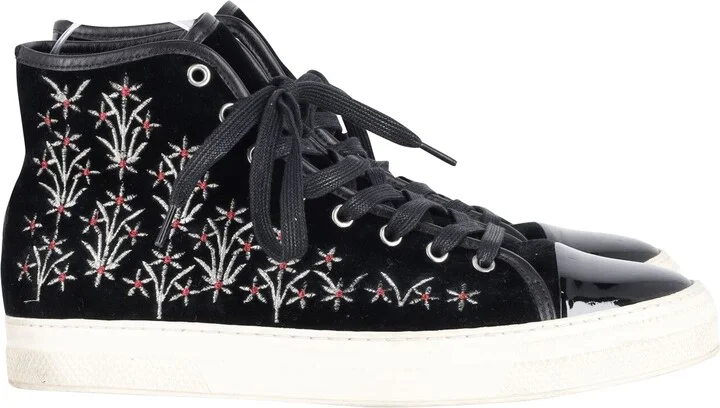 Embroidered High Top Sneakers in Black Patent Leather and Suede