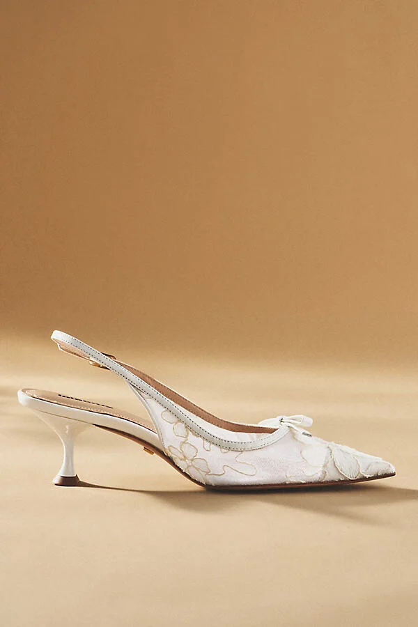 Embroidered Lace Slingback Kitten Heels