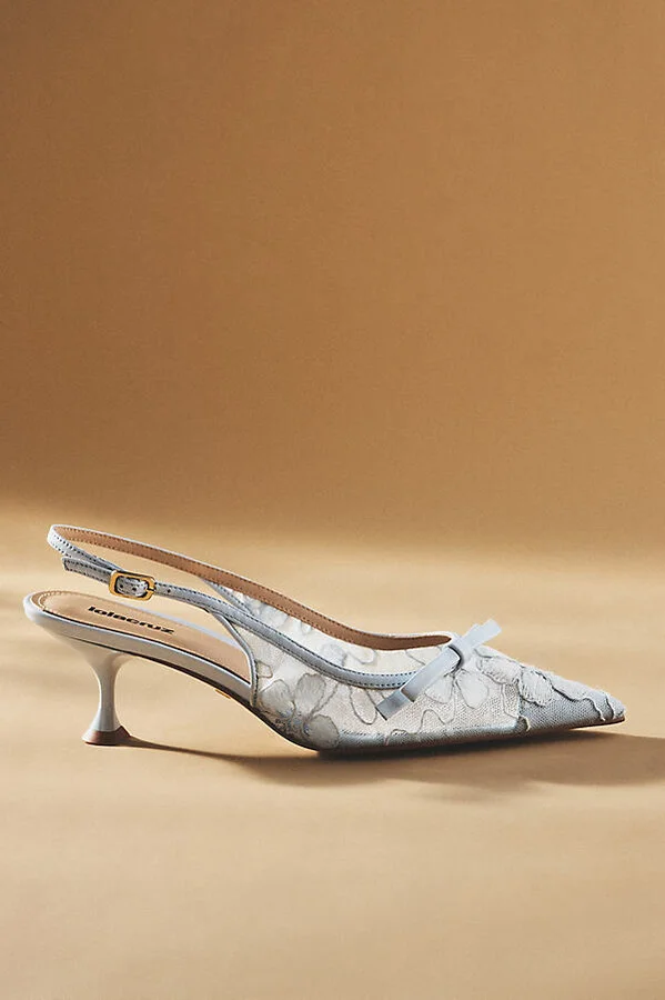 Embroidered Lace Slingback Kitten Heels