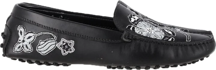 Embroidered Loafers in Black Leather