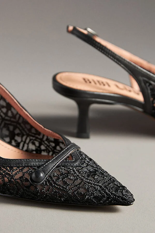 Embroidered Mesh Slingback Kitten Heels - Image 3
