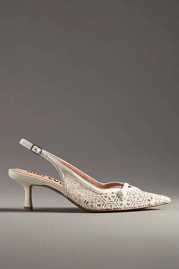 Embroidered Mesh Slingback Kitten Heels
