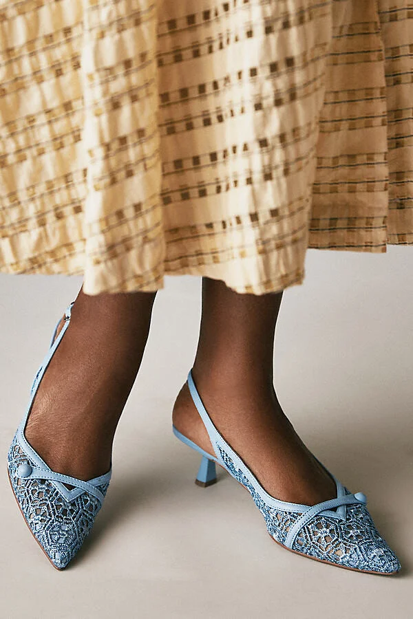 Embroidered Mesh Slingback Kitten Heels
