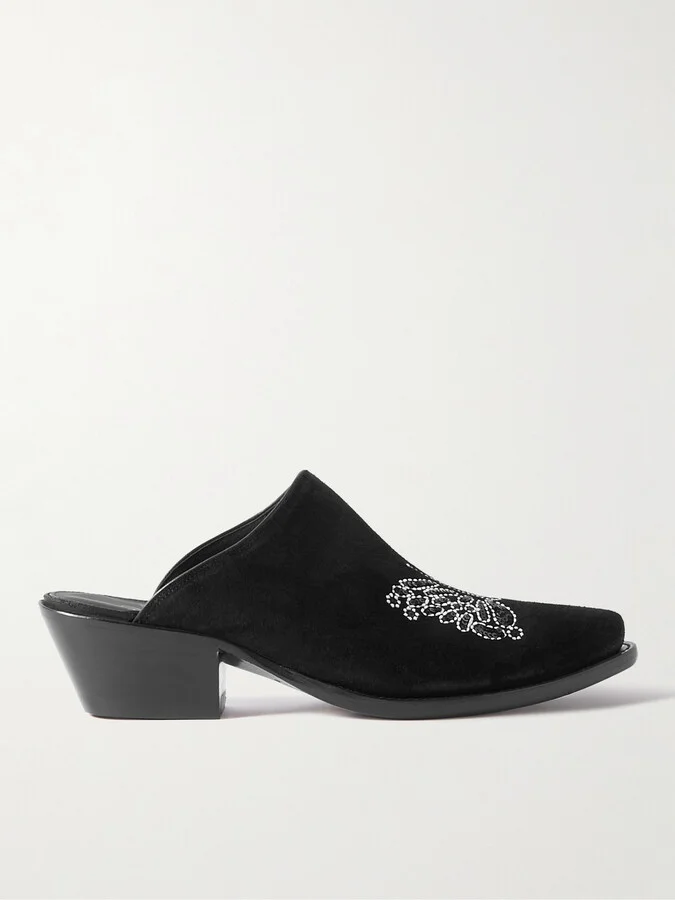 Embroidered Sequin-Embellished Suede Mules