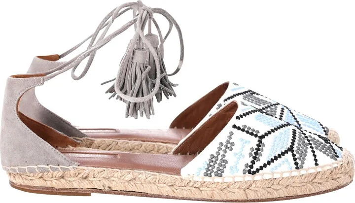 Embroidered Tassel Espadrille Flats in Multicolor Canvas and Suede