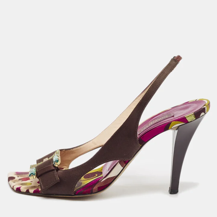 Emilio Pucci Dark Brown Satin Buckle Detail Slingback Sandals Size 37