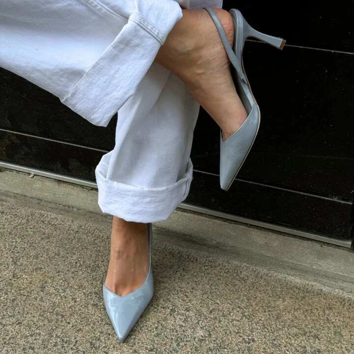 Emira Slingback Stilettos, Ice Blue Patent - Image 2