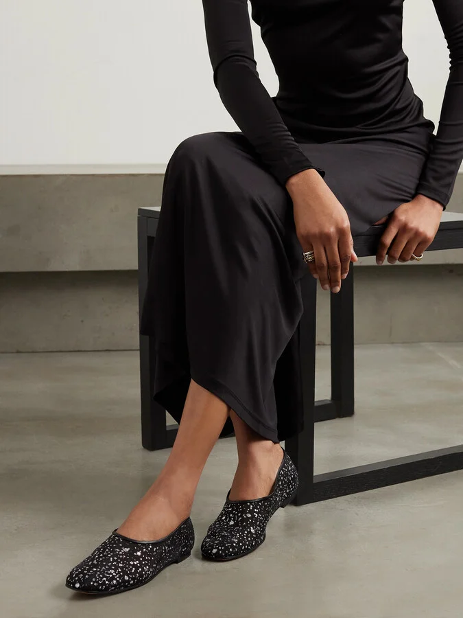 Emme Parsons - High Throat Leather-trimmed Glittered Mesh Ballet Flats - Black - Image 2