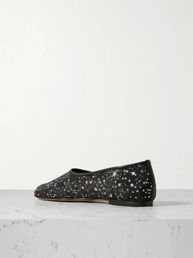 Emme Parsons - High Throat Leather-trimmed Glittered Mesh Ballet Flats - Black - Image 3
