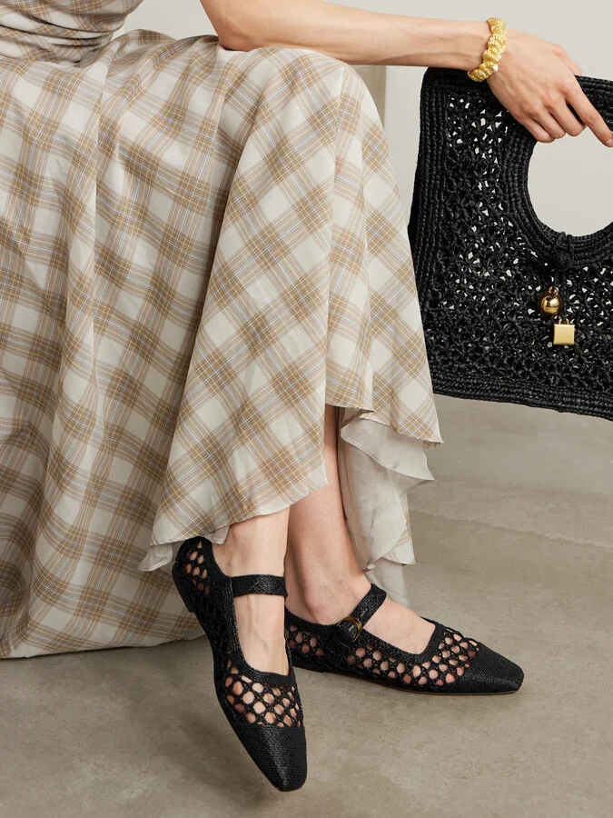 Emme Parsons - Tramonto Leather-trimmed Woven Raffia Mary Jane Ballet Flats - Black - Image 2