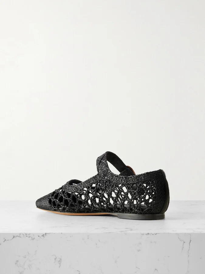 Emme Parsons - Tramonto Leather-trimmed Woven Raffia Mary Jane Ballet Flats - Black - Image 3