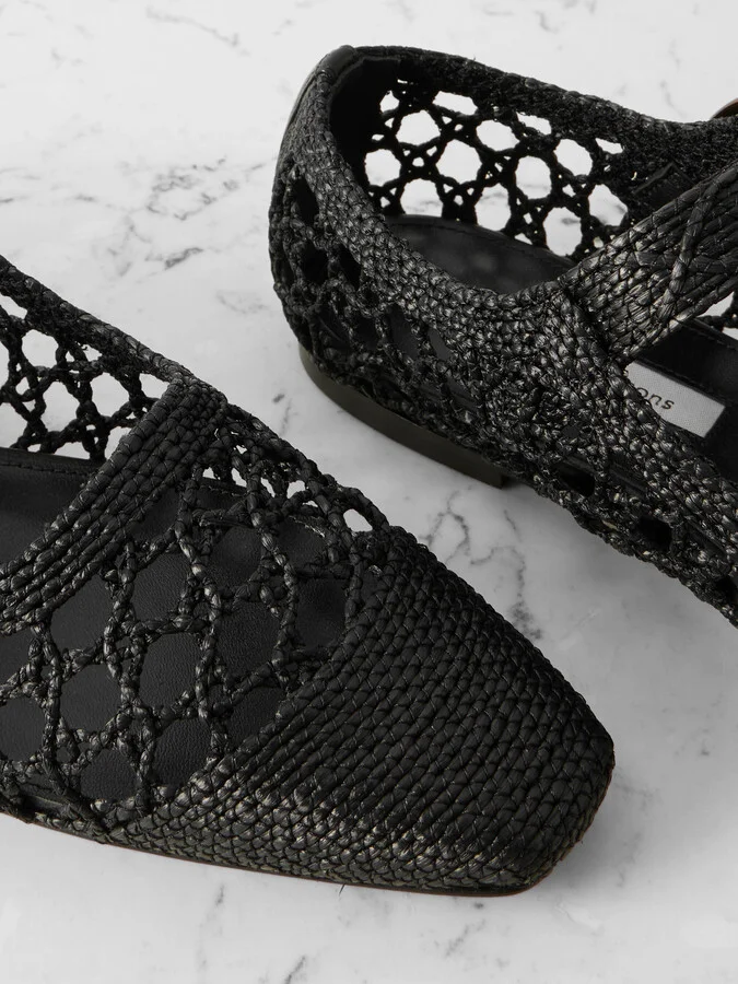 Emme Parsons - Tramonto Leather-trimmed Woven Raffia Mary Jane Ballet Flats - Black - Image 4
