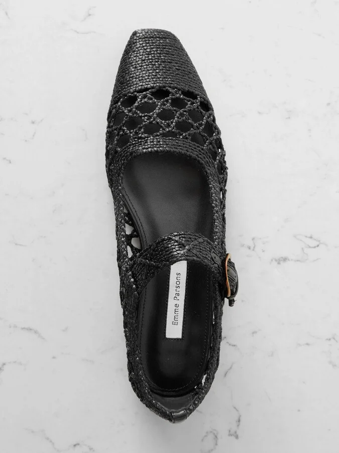 Emme Parsons - Tramonto Leather-trimmed Woven Raffia Mary Jane Ballet Flats - Black - Image 5