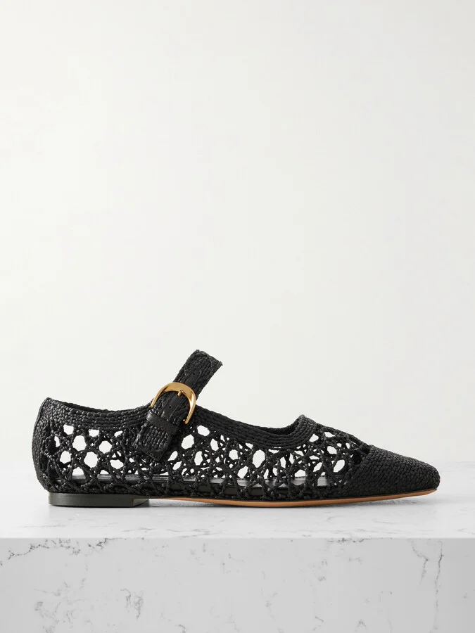 Emme Parsons - Tramonto Leather-trimmed Woven Raffia Mary Jane Ballet Flats - Black
