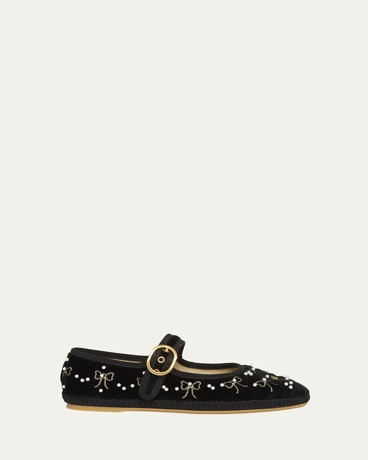Endouce Bow Velvet Mary Jane Ballerina Flats