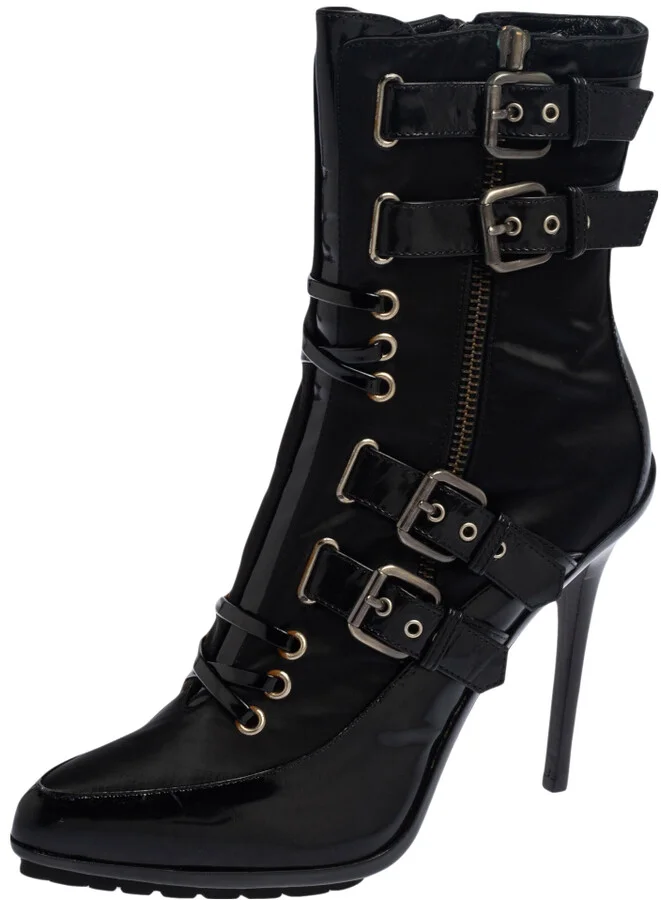 Enio Silla For Le Silla Black Patent Leather And Nylon Platform Ankle Boots Size 39.5
