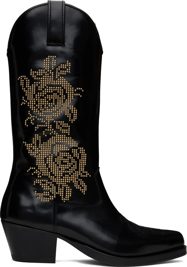 Ernest W. Baker Black Rose Studded High Western Boots