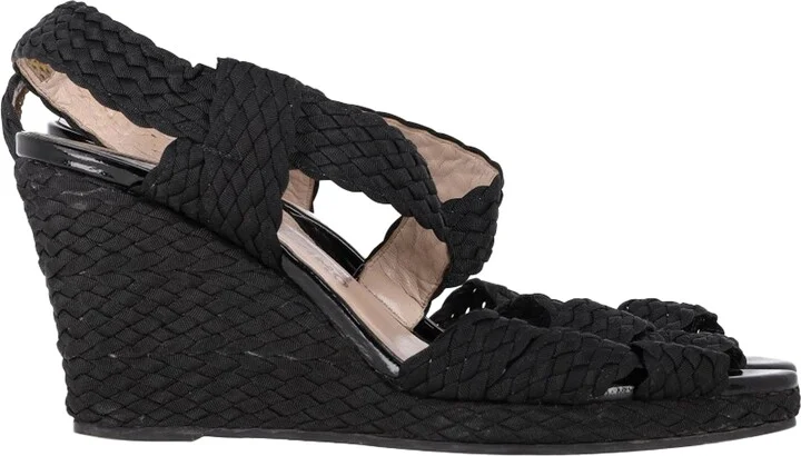 Espadrille Wedge Sandals in Black Straw