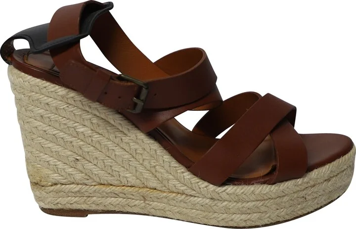 Espadrille Wedge Sandals in Brown Leather