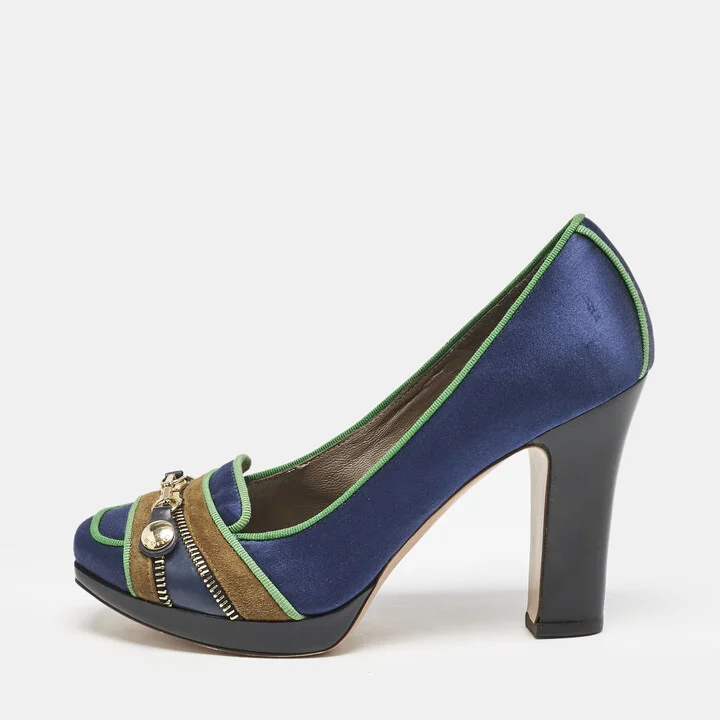 Etro Blue/Green Satin Zip Embellished Block Heel Pumps Size 38