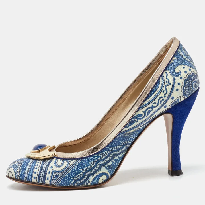 Etro Blue/White Paisley Print Coated Canvas Embellished Pumps Size 37.5