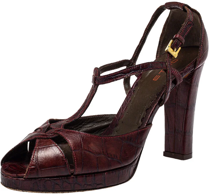 Etro Brown Croc Embossed Leather Peep Toe T Strap Sandals Size 37.5