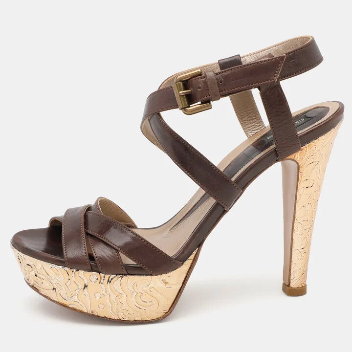 Etro Brown Leather Platform Ankle Strap Sandals Size 38
