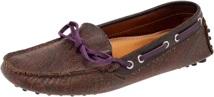 Etro Brown Paisley Print Coated Canvas Bow Slip On Loafers Size 38
