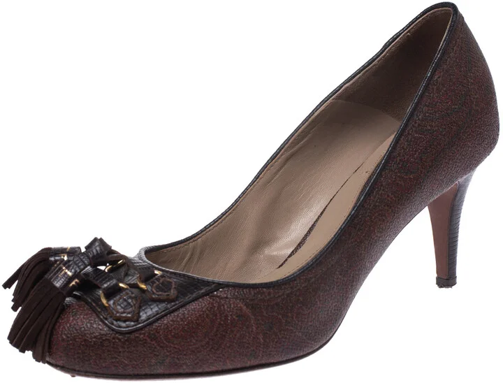 Etro Brown Paisley Print Leather Tassel Embellished Pumps Size 36