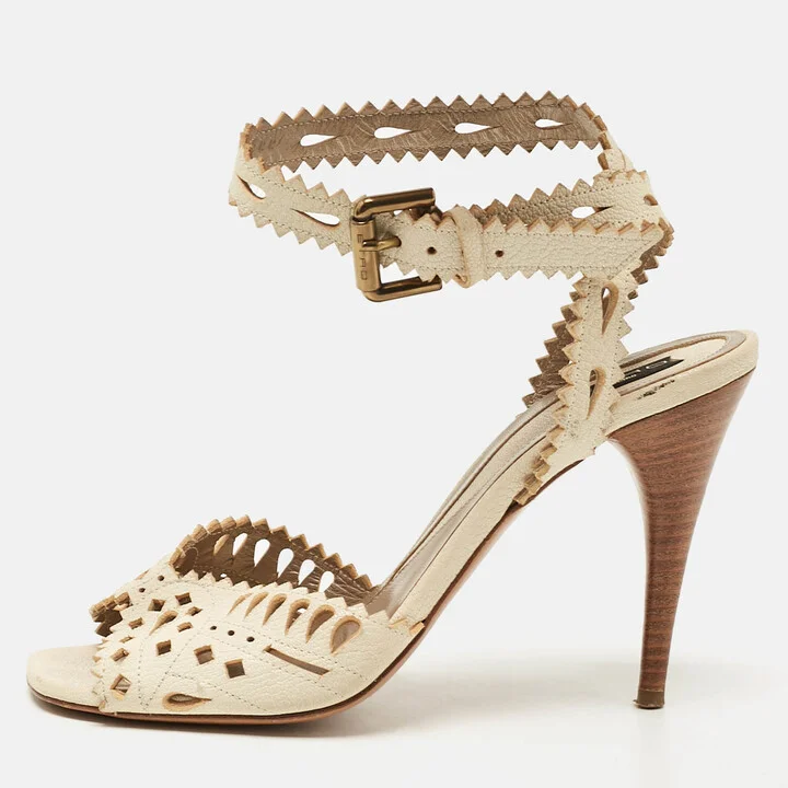Etro Cream Leather Cutout Ankle Strap Sandals Size 38