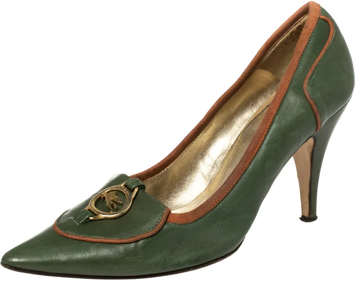 Etro Green Leather Logo Embellished Pointed Toe Pumps Size 38.5