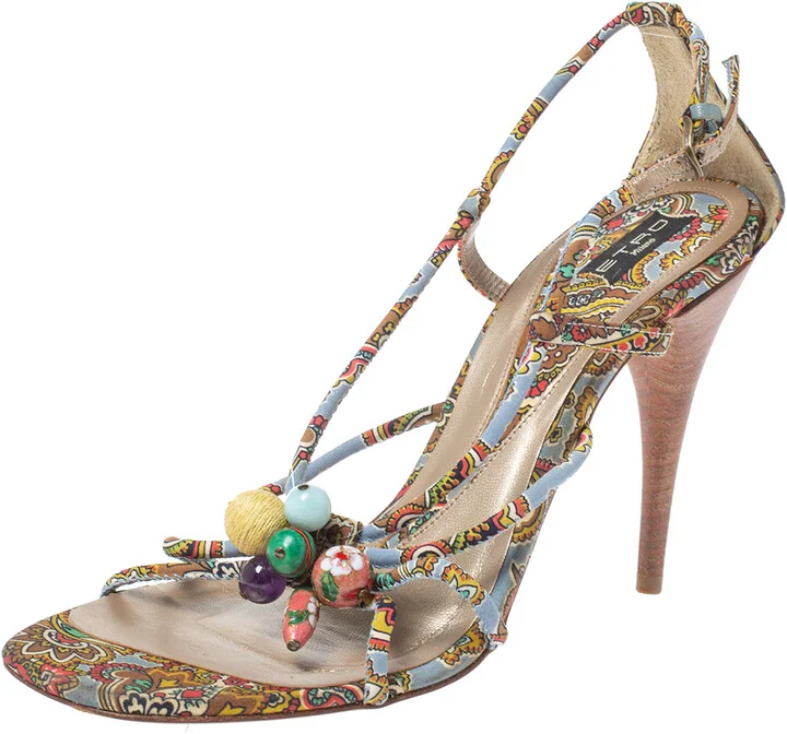 Etro Multicolor Fabric Paisley Print Strappy Embellished Open Toe Ankle Strap Sandals Size 40