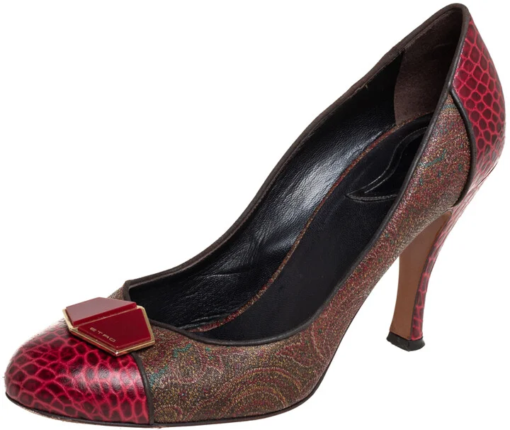 Etro Red/Brown Croc Embossed And Coated Canvas Bow Detail Pumps Size 40